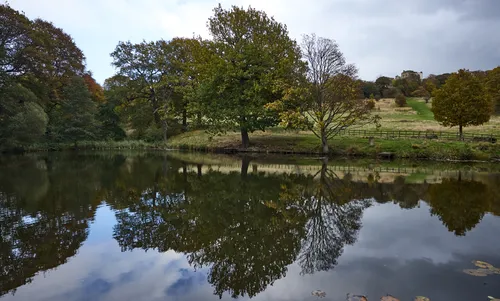 This landscape photograph captures the reflection on a pond at Hardwick Hall in Derbyshire, England, United Kingdom. Taken in the early afternoon during autumn, the image shows a tranquil pond bordered by trees in varying shades of green and gold, reflecting the changing leaves of the season on the water’s surface. Behind the pond, the rolling fields and scattered trees of the Hardwick estate stretch up towards the skyline, where the distinctive structure of Hardwick Hall is visible among the trees. The scene highlights the peaceful natural beauty typical of the English countryside and showcases the historic architecture of Hardwick Hall, making it a quintessential representation of autumn in Derbyshire.